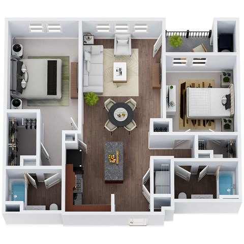 Floor plan for 2 beds, 2 baths, 1063 sqft